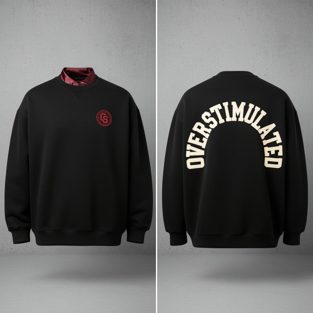 Arc Crewneck — Men's — Heavy fleece · cuff-to-cuff cream arc · oxblood OS seal
