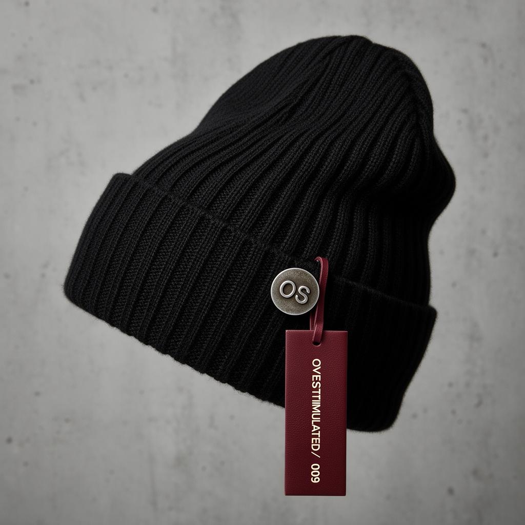 Merino Signal Beanie — Merino rib knit · silver OS pin · oxblood neuro-tag