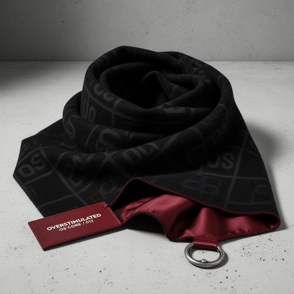 Neuro Wrap Scarf — Wool-cashmere · OS jacquard grid · oxblood satin reverse