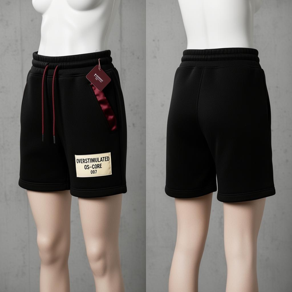 Double Hem Shorts — Women's — High-waist mesh-fleece · oxblood pocket flash · cream label