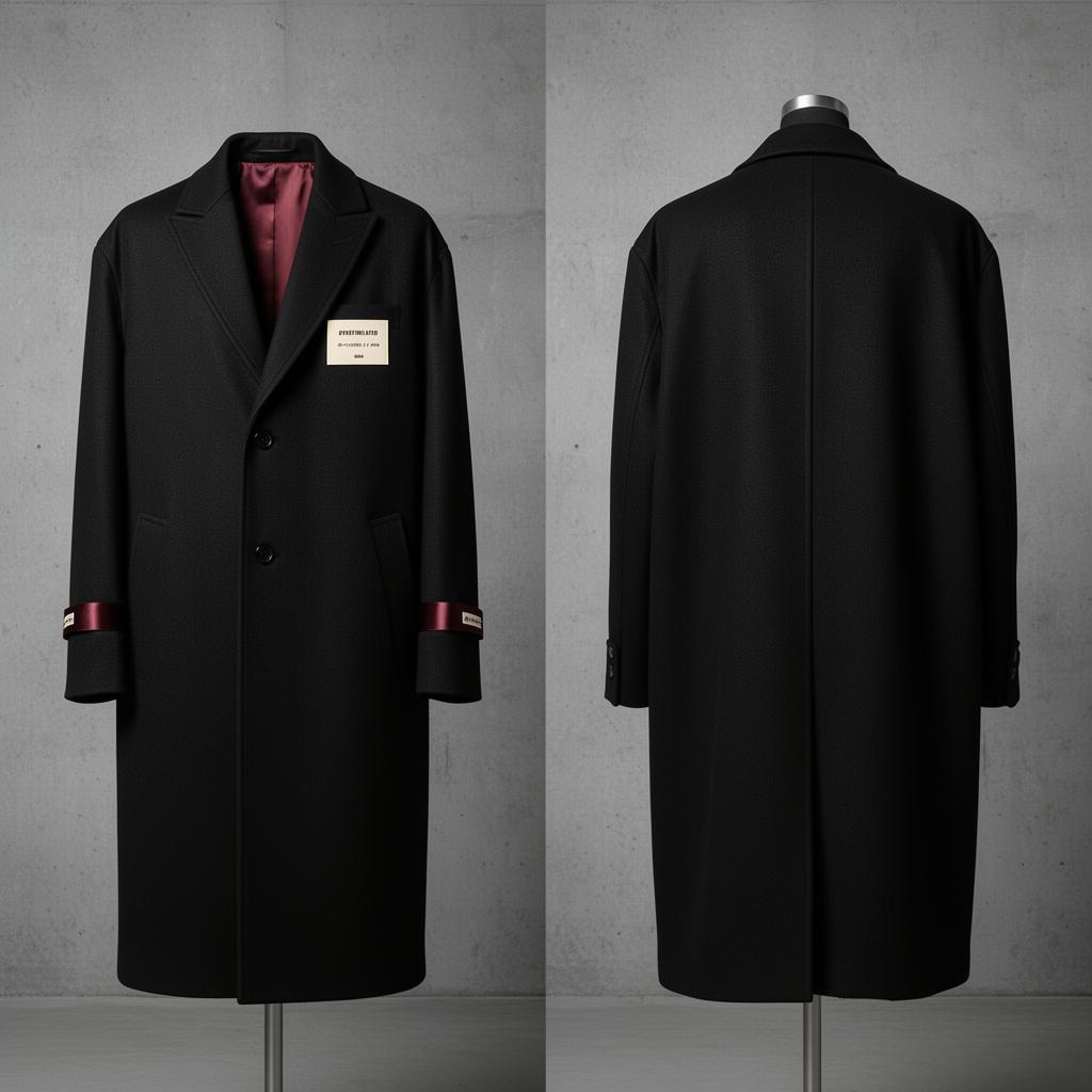 Overcoat Trench — Men's — Black wool overcoat · oxblood lining · sleeve ID band
