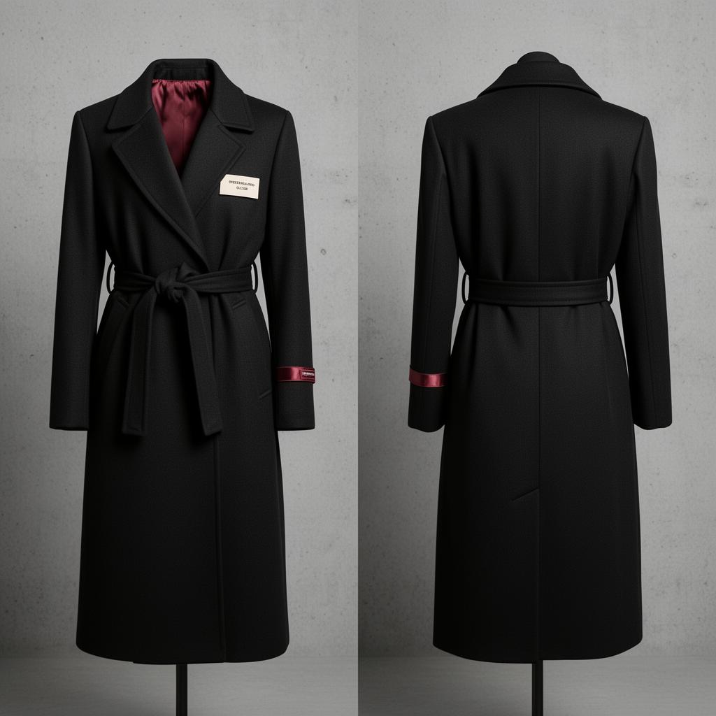 Overcoat Trench — Women's — Belted wool trench · oxblood lining · sleeve ID band